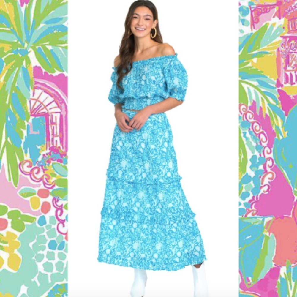 Olivia James Lindsay Skirt & Crop Top Matching Set, Floral Aqua Blue Size Medium - Picture 7 of 7